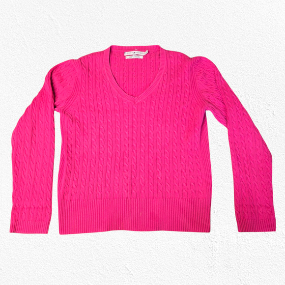 Y2K Tommy Hilfiger Hot Pink V Neck Heavy Cable Knit Pullover Sweater Size Large - Picture 1 of 9